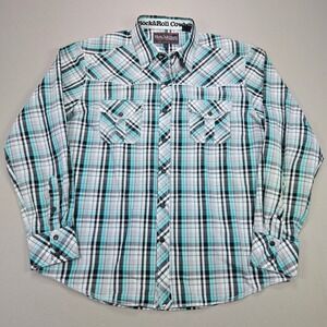 Rock & Roll Cowboy‎ Mens Turquoise Plaid Western Pearl Snap Shirt B2S3004 Large